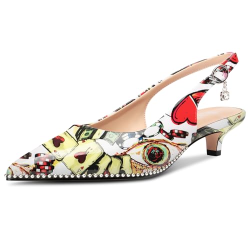 Image of TNYNFBEB Womens Low Kitten Heel Close Pointed Toe Pumps Slingback Silver Beaded Buckle Prom Party Dress Patent Leather 1.4 Inches Heels