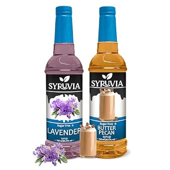 Syruvia Sugar-Free Lavender & Butter Pecan Coffee Syrup - 25.4 fl oz Premium Coffee Flavoring Syrup. 0 Calories, Kosher and Gluten-Free. Perfect for Drinks, Sodas, Shakes, Desserts, More.