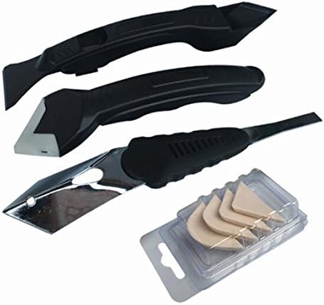 sunshopping 3 in 1 Silicone Scraper Caulking Grouting Tool Sealant Finishing Cleaning Replace & Removal Kit Set for Bathroom Kitchen Room Cleaning Tool Kit (3 pcs Scraper +5pcs Interchangeable pad）