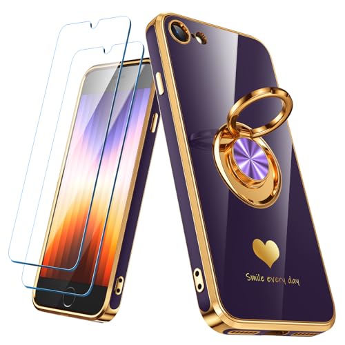 Nonional Compatible for iPhone SE/8/7 Case with 2 Pack Screen Protector, 360° Rotatable Ring Holder [Luxury Hearts Pattern] Plating Gold Edge Slim Soft Phone Case for iPhone SE/8/7 - Purple
