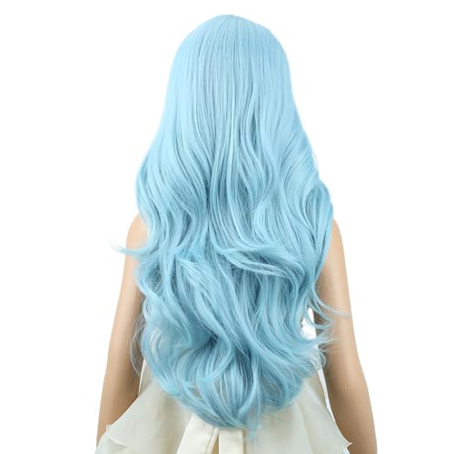 Image of Kid Ice Blue Wig Long Light Blue Wavy Curly Wig for Child Girl Middle Part Wigs Heat Resistant Synthetic Wigs with Cap