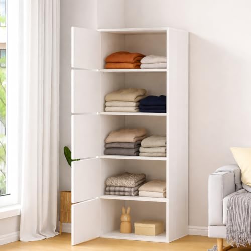 Image of Mevigo -Foldable Wooden Wardrobe for Bedroom | 5-Shelf Engineered Wood Storage Cabinet | Collapsible Cupboard Almirah for Clothes | Space Saving Wooden Wardrobe with Door -White