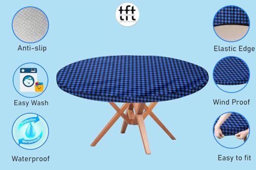 Image of The Furnishing Tree Round Elastic Fitted Dining Table Cover WxL 54x54 Inches Checkered Pattern Blue