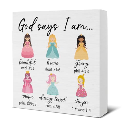 Image of God Says I Am Princess Sign Positive Affirmation Wooden Sign Christian Inspirational Gifts for Kids Teen Girl Room Bedroom Dorm Home Shelf Bible Verse Decor 5 X 5 Inches