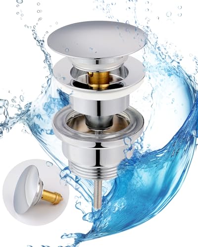 Hibbent Desagüe Universal para Lavabo con y sin Rebosadero - Todo hecho de latón cromado - Válvula de Desagüe Pop Up con Tamaño Variable para Diferentes Espesores y Tipos de Lavabos - Desagüe 1 1/4'