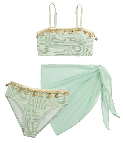 SEAUR Mädchen Bikini Set mit Mesh Rock 3 Teilig Badebekleidung Gepolstert Muschel-Deko Modisch Badeanzug Kinder Teenager Bademode 11 Jahre