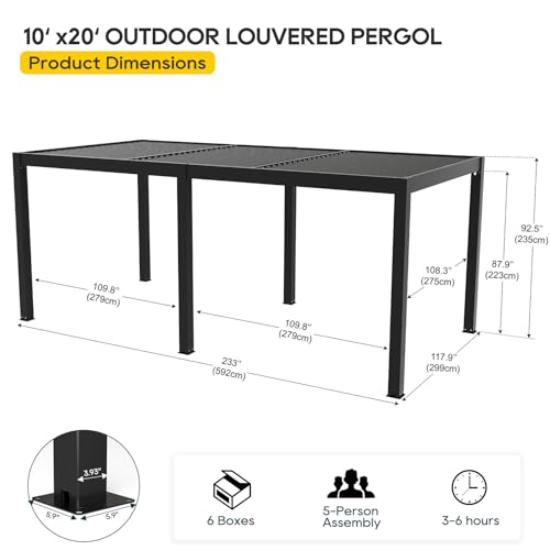 10'×20' Outdoor Louvered Pergola, Aluminum Outdoor Louvered Pergola Patio with Adjustable Roof, Gazebo for Outdoor Deck, Backyard, Garden(10x20FT) - Image 3