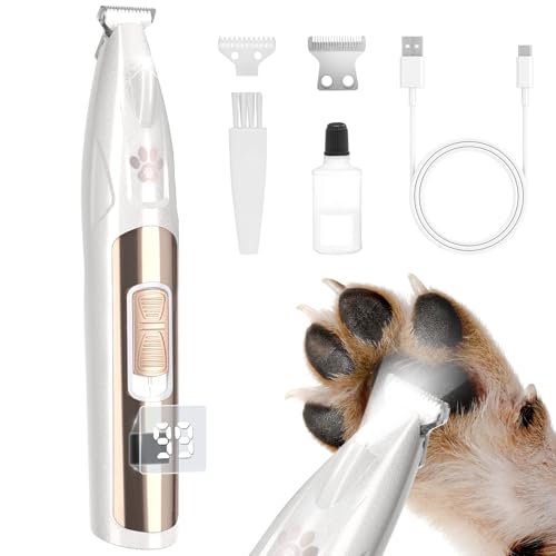 GIMPYN Dog Paw Trimmer with LED Display, 35dB Low Noise Electric Dog Clippers for Grooming, Cordless 20mm-Blade for Trimming Dog's Hair Around Paws, Eyes, Ears, Face, Rump with LED Light (White)