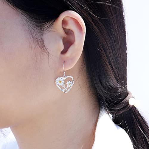 Silver Sunflower Heart Earrings For Women - 925 Sterling Silver Sunflower / Daisy Heart Dangle Earrings, Valentines Mothers Day Christmas Gifts Sunflowers Daisy Heart Dangle Earrings Jewelry For Girls (Daisy Flowers Heart Earrings) #TOP4
