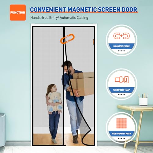 MAGZO Magnetic Screen Door Fit Door Size 36 x 82 Inch, Screen Size 38" x 83" Strong Magnets Mesh, Reinforced Fiberglass Net for Patio and Front Entrances, Gray