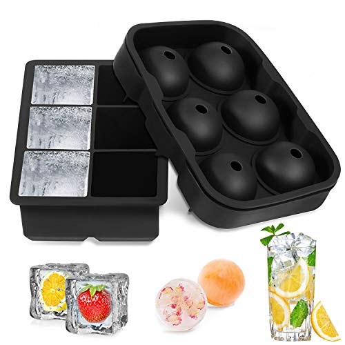 Ice Cube Trays Silicone Set of 2,Sphere Round Ice Ball Maker and Large Square Ice Cube Mold for Chilling Burbon Whiskey, Cocktail, Beverages and More
