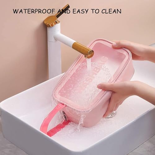 Image of KUKLAR Wash Bag Pouch for Travel Kit Toiletry Bag Cosmetic Bag Make Up Box for Brushes, Accessories with Handle, Large Capacity Translucent Waterproof Travel Storage Organizer Set of 3 (Pink)