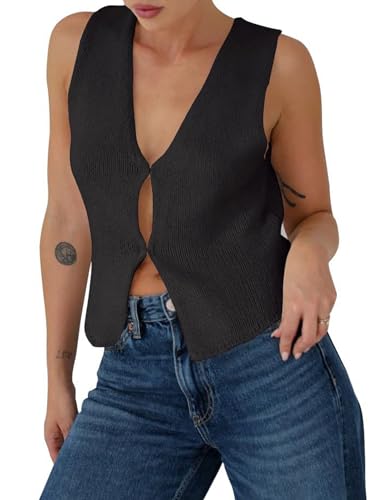 Image of Crochet Tank Tops for Women - Open Front Sleeveless Summer Vest with Hidden Buttons