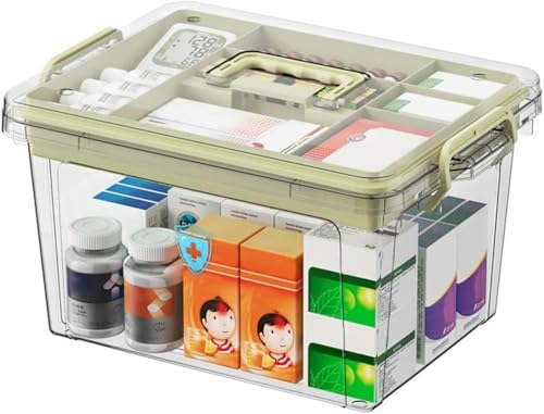 SKY-TOUCH Family Medicine Storage Box : Clear Plastic Storage Box with Tray Tool Organizer with Handle Multipurpose Storage Box for Medicine Toys Tools Office Supplies (37 * 26 * 20cm Beige)