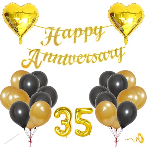 Image of Flyloons 35th Happy Anniversary Decoration Items Gold Black for Men Women Husband Wife Mom Dad Couple Home Bedroom Car With 20 Pcs Metallic Balloons Anniversary Banner 2 Pcs Heart Set Kit Golden