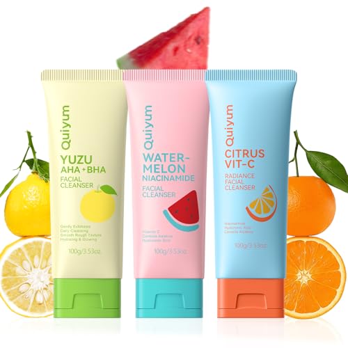 QUIYUM Fruta Skincare Cleanser 3 x 100 g para mujeres y adolescentes, contiene extractos de pomelo, sandía y cítricos, limpieza profunda de los poros, limpiador facial para todo tipo de piel