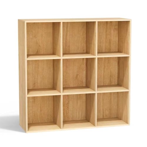 NewBeth Bücherregal Holz mit Geschlossener Rückwand,Raumteilerregal,Würfelregal,Naturholz,9 Würfel
