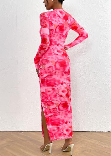 Image of PRETTYGARDEN Women's Floral Bodycon Maxi Fall Dress | Sheer Mesh, Boho Tie Dye, Long Sleeve Fitted, Ruched Waist, Wedding Guest, Cocktail Party Holiday, Elegant Spring Outfits