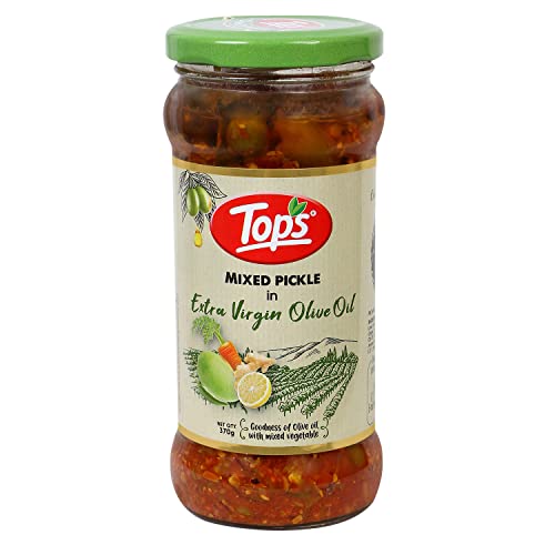 Image of TOPS Olive Oil Mixed Pickle -370 gm Glass Jar | Perfect blend of nine select seasonal vegetables in extra virgin olive oil and aromatic spices