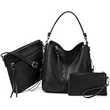 Realer Damen Handtaschen Mittel Shopper Lederhandtasche Schultertasche Umhängetasche Geldbörse Hobo Damen Taschen Set für Büro Schule Einkauf Reise 3pcs Schwarz