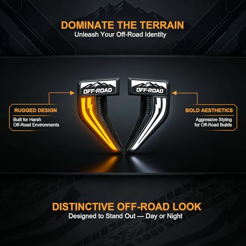 Image of LED Fender Vent Lights for Ford F-150 2021-2025, Sequential Turn Signal & White DRL with Startup Animation, Smoked OFFROAD Mountain Style Side Vent Light, F150 Exterior Accessories (Pair)
