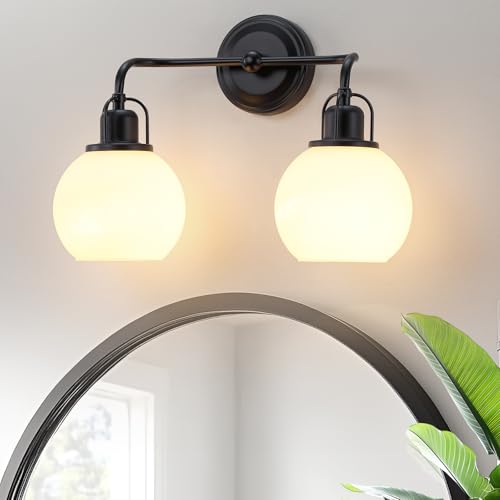 Image of 16 inch Bathroom Vanity Light, 2-Light Black Vanity Lighting Fixture Over Mirror,Modern Wall Mount with Milk White Globe Glass Shade for Bathroom,Dressing Room.16 L x 6.75 inch W x 10.5 inch H .BD045-2-BK