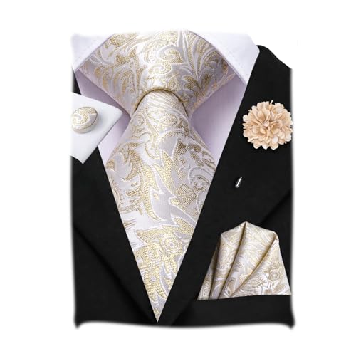 Image of Hi-Tie Men Silk Ties Set with Flower Lapel Pin Necktie Pocket Square Cufflinks for Tuxedo Wedding Business