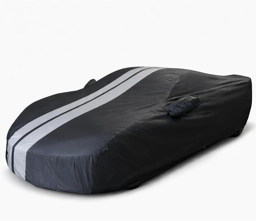 SR1 Performance USA C8 Corvette Car Cover - Ultraguard PEVA Indoor/Outdoor Waterproof All Season - Custom High End Fit for 2020-2026 Stingray, Z51, Z06, E-Ray Corvettes (Black with Gray Stripes)
