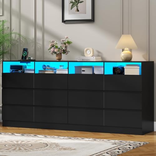 Image of Loomie 12-Cell Divided Drawers Black Dresser with Charging Station & Led Lights for Bedroom, Long 63 inch Wide Dresser TV Stand for TVs up to 75 inch, Large Dressers Organizer with 4 Open Cubbies