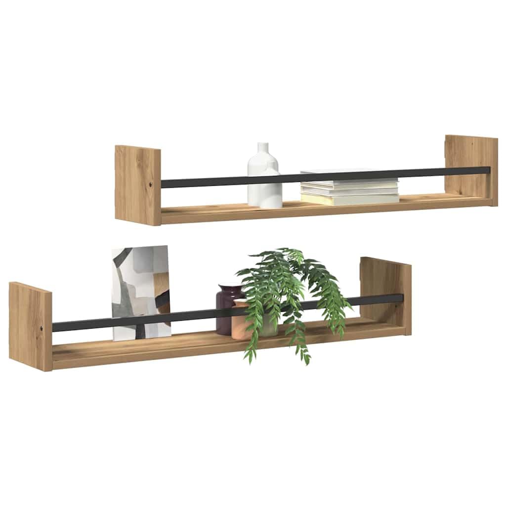 Wandregal Wandhalterung 2 Stück Artisan-Eiche 80 x 16 x 14 cm Holzwerkstoff mit Metallelementen für Wohnzimmer Büro Schlafzimmer, schwebendes Regal Wandmontage