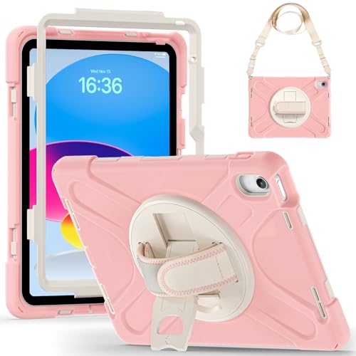 Coque iPad 11e génération 2025 antichoc et robuste rose avec bandoulière enfant