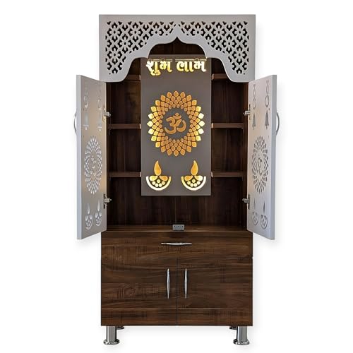 Image of SHLOK Temple for Home /Pooja Mandir with LED Light /Cyprus Medium & White Color Engineered Wood Home Temple (Height: 130, Pre-Assembled)