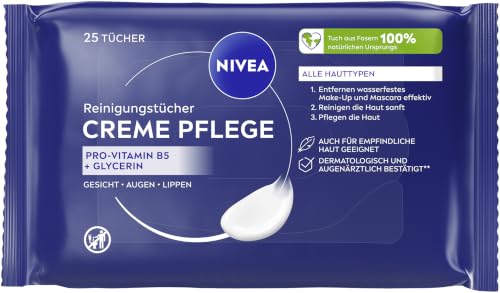NIVEA Reinigungstücher Creme Pflege Abschminktücher für wasserfestes Make-Up & LSF Gesichtsreinigung für alle Hauttypen mit Duft & Pflege der NIVEA Creme (25 Stück)