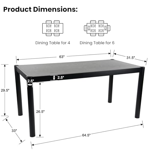 Image of DUOMAY Modern Rectangular Dining Table, 64.5'' Farmhouse Solid Wood Kitchen Tables for 4-6 Person, Breakfast Dinner Tables for Dining Room, Kitchen, Living Room, Black