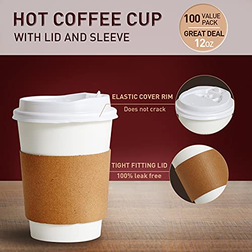 [100 Pack] 12 Oz Paper Coffee Cups, Disposable Paper Coffee Cup With Lids, Sleeves, And Stirrers, Hot/Cold Beverage Drinking Cup For Water, Juice, Coffee Or Tea, Suitable For Home, Shops And Cafes #TOP1
