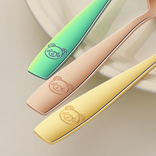 Image of DEHOV Colorful Toddler Eating Utensils Set,Set Of 12 Food Grade Stainless Steel Silverware Sets For Kids,Dishwasher Safe Children Small Metal Spoons And Forks Flatware Sets