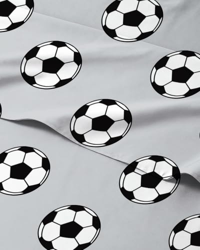 Image of Kids Full Size Soccer Bed Sheets - 4 Piece Kids Soccer Sheet Set - Athletic Sporty Bedding - Ultra-Soft, Cute & Cozy - Breathable & Machine Washable - Grey Bed Set for Boys, Girls, Teens & Toddlers