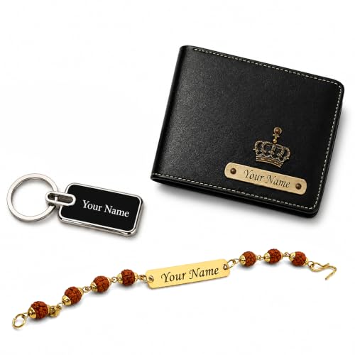 Image of SAVRI Rakshabandhan Gift for Brother | Customized Men's Leather Wallet with Name & Charm, Personalized Metal Keychain & Customized Rudraksha Rakhi with Name | Rakhi Gift for Brother