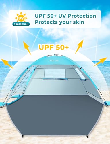 Image of Glymnis Beach Tent Sun Shelter for 3 Person with UPF 50+ UV Protection, Lightweight & Easy Setup Beach Shade Canopy with Vent Windows & Zippered Door - Blue
