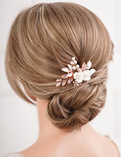 Missgrace Bride Wedding Crystal Pearl Leaf Rhinestones Hair Comb Silver Gold Bridal Hair Pieces Rhinestone Bridal Hair Clip Flower Hair Side Combs Wedding Hair Accessories For Brides Women (Rose Gold Pink) #TOP1