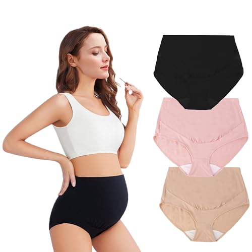 BOMFWAU - 3er-Pack sichere und stilvolle Over-the-Bump Umstands-Höschen, nahtlos, über dem Bump Mutterschaft - Schwarz/Pink/Haut, Schwarz/Rosa/Haut, L