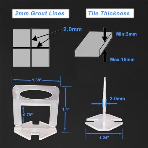 Tile Leveling System 2mm 600Pcs for Professional DIY Ceramic Tile and Stone Installation, Tiles Leveler Spacers Clips for Wall Floor 2mm,Spacers Only, 600Pcs