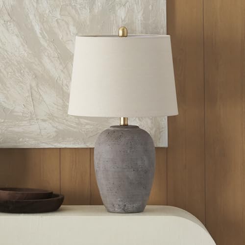 Nourison Home 23″ Greyish Brown Earth Tone Rustic Farmhouse Ceramic Table Lamp for Bedroom, Living Room, Dining, Office, with Beige Linen Shade