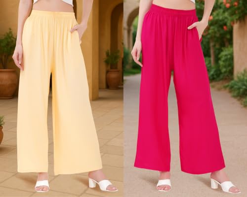 Image of Buy That Trendz Palazzo Pants for Women Rayon Elasticated Regular Fit Flared Wide Leg M to 6XL Pack of 2