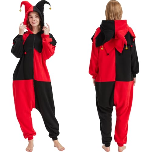 HMHMAWAHV Adult Jester Costume Onesie - Gothic Carnival Clown Halloween Cosplay Pajamas for Women and Men