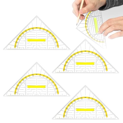 HABNI 4 Piezas Cartabon Transportador Triangular De Plástico Transparente Escuadra Cartabon,Transportador Triangular De Plástico Con Mango Desmontable,Para Escuela,Universidad, Oficina, Niños Y Estudi