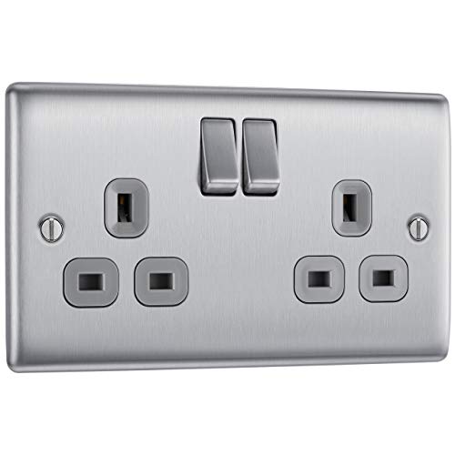 Masterplug NBS22G 13A - Presa con interruttore a 2 uscite, a doppio polo, in acciaio spazzolato, con inserto grigio