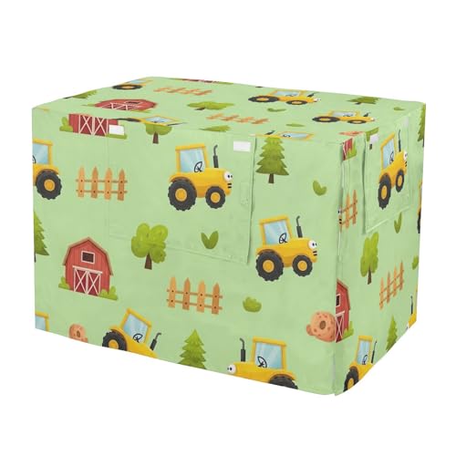 Cute Cartoon Yellow Tractors Green Dog Crate Cover Roll-up Side Panels, Pet Kennel Cover with Mesh Windows, Medium