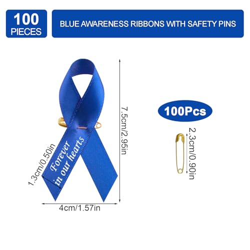 CRAFFANCY 100pcs Blue Ribbon Pins Prostate Cancer Awareness Badges Colon Cancer Brooch Memorial Ribbon Badges in Forever in Our Hearts for Funeral Mourning Event Bereavement Remembrance - Image 2