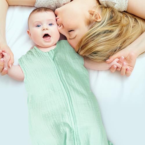 Image of david's kids Muslin Cotton Baby Sleep Sack 6-12 Months, 2 Pack 100% Cotton Sleeping Bag for Summer, TOG 0.5 Baby Wearable Blankets with 2-Way Zipper, Soft Sleep Sacks for Newborn Infant, Grey & Green